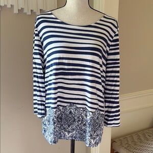 Chico's Size 2 Large 12 Blue White Striped Women's Knit Cotton Modal Top